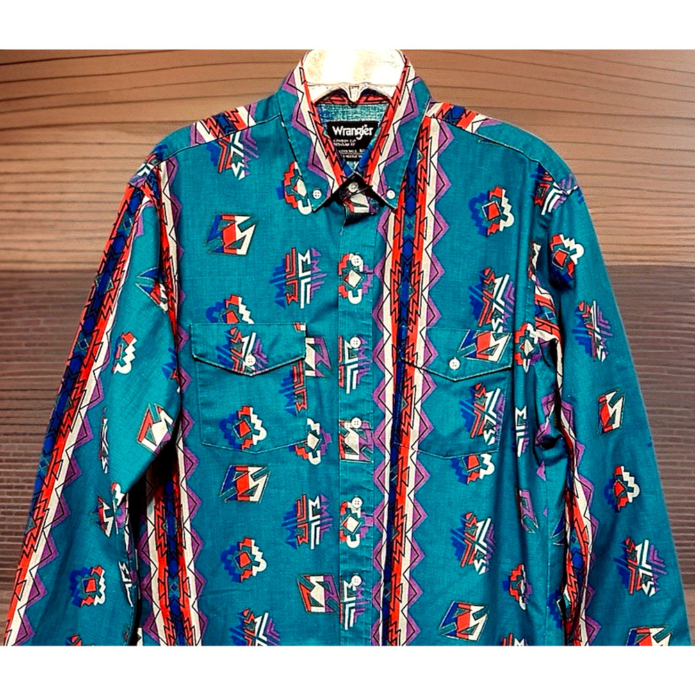 VTG Wrangler Brushpopper Shirt 16.5 *READ 34, X-Long Tails Aztec Southwest - Picture 2 of 14